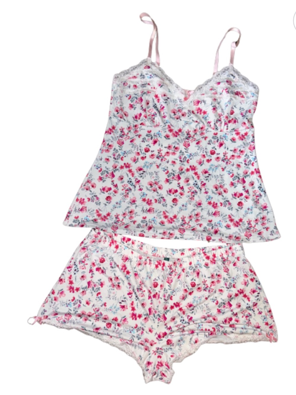 Laura Ashley White Floral Lace-Trim Cami & Shorts Set with Pink Flowers